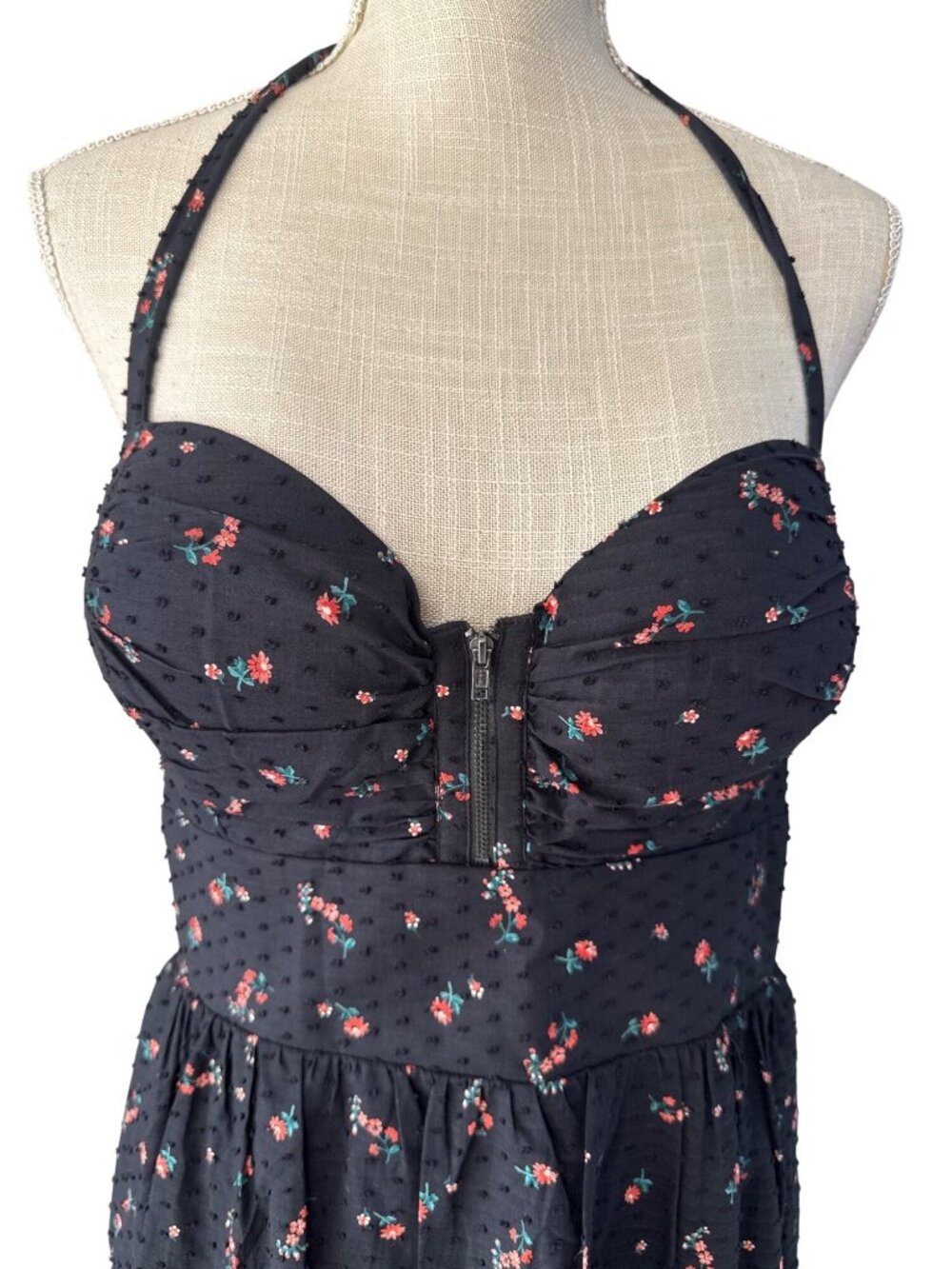 Guess Floral Halter Dress Black With Dotted Texture & Red Flowers Zip Back Size - Picture 6 of 11
